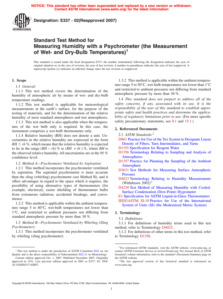 ASTM E337-02(2007) - Standard Test Method for Measuring Humidity with a Psychrometer (the Measurement of Wet- and Dry-Bulb Temperatures)