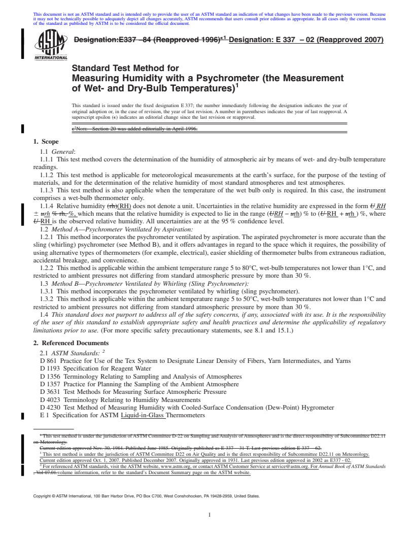 REDLINE ASTM E337-02(2007) - Standard Test Method for Measuring Humidity with a Psychrometer (the Measurement of Wet- and Dry-Bulb Temperatures)