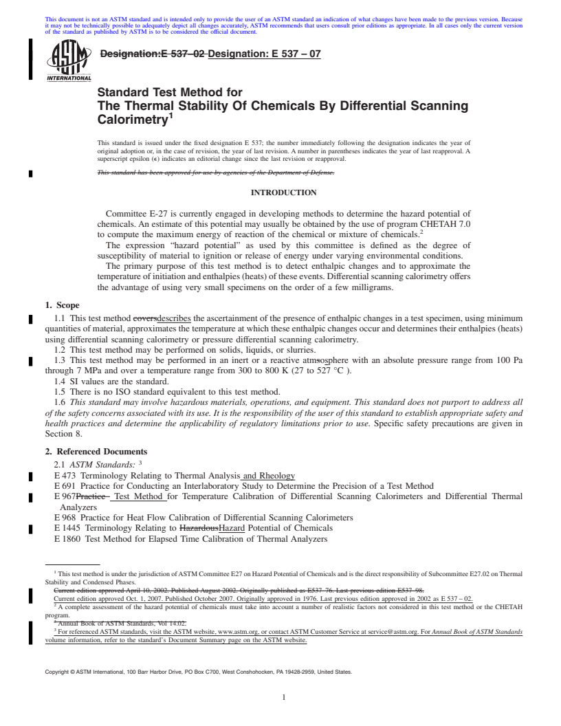 REDLINE ASTM E537-07 - Standard Test Method for The Thermal Stability Of Chemicals By Differential Scanning Calorimetry