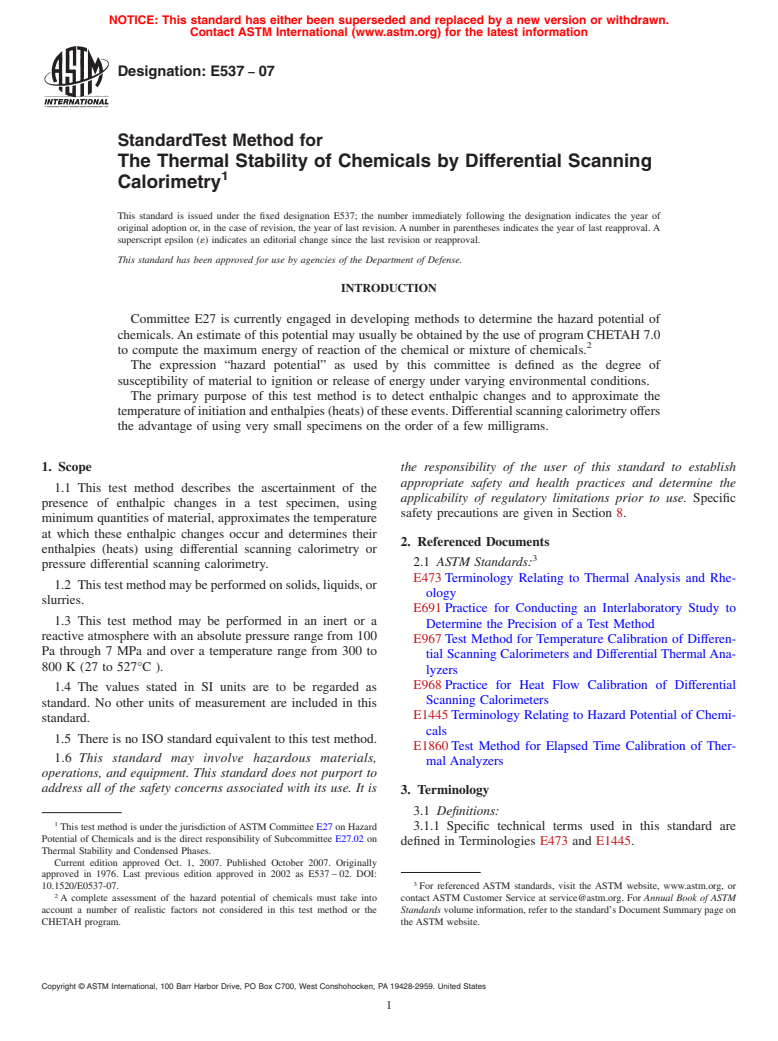 ASTM E537-07 - Standard Test Method for The Thermal Stability Of Chemicals By Differential Scanning Calorimetry