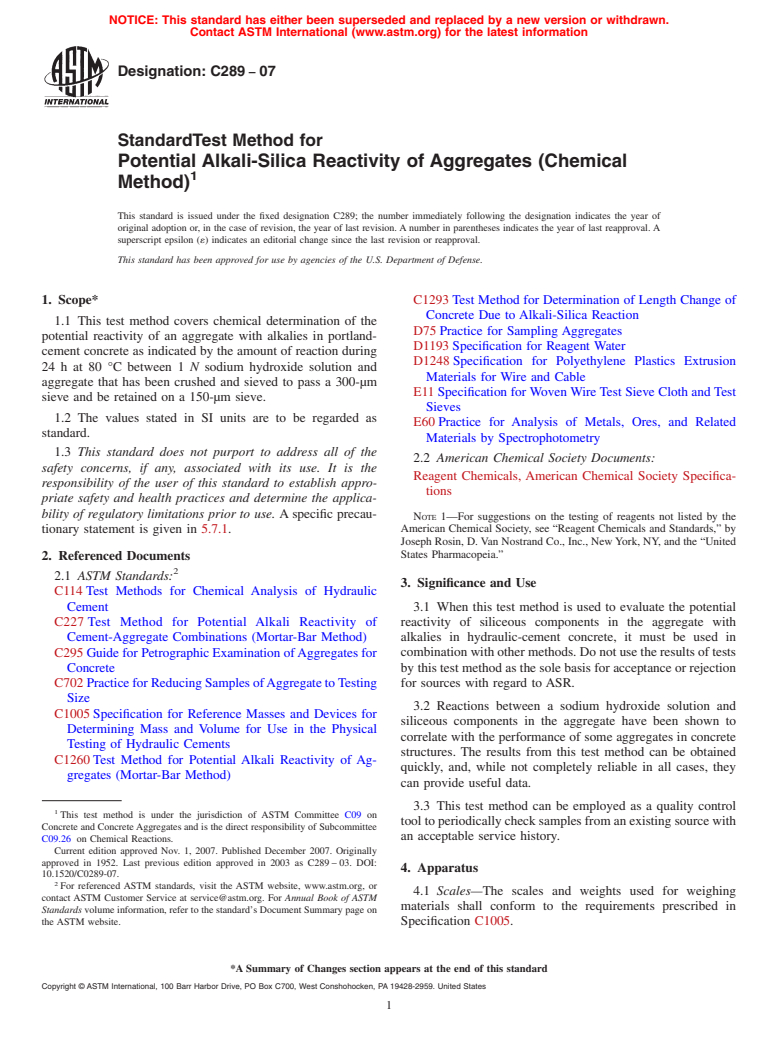 ASTM C289-07 - Standard Test Method for Potential Alkali-Silica Reactivity of Aggregates (Chemical Method) (Withdrawn 2016)