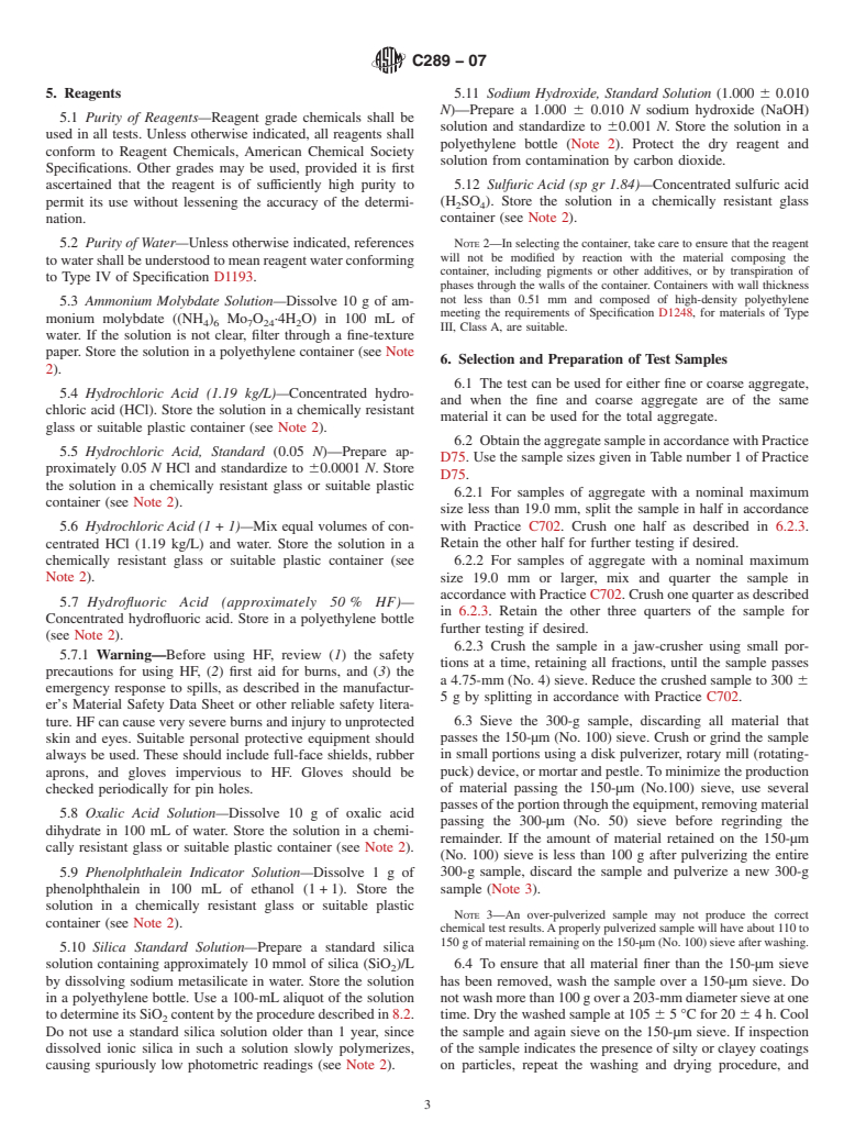 ASTM C289-07 - Standard Test Method for Potential Alkali-Silica Reactivity of Aggregates (Chemical Method) (Withdrawn 2016)