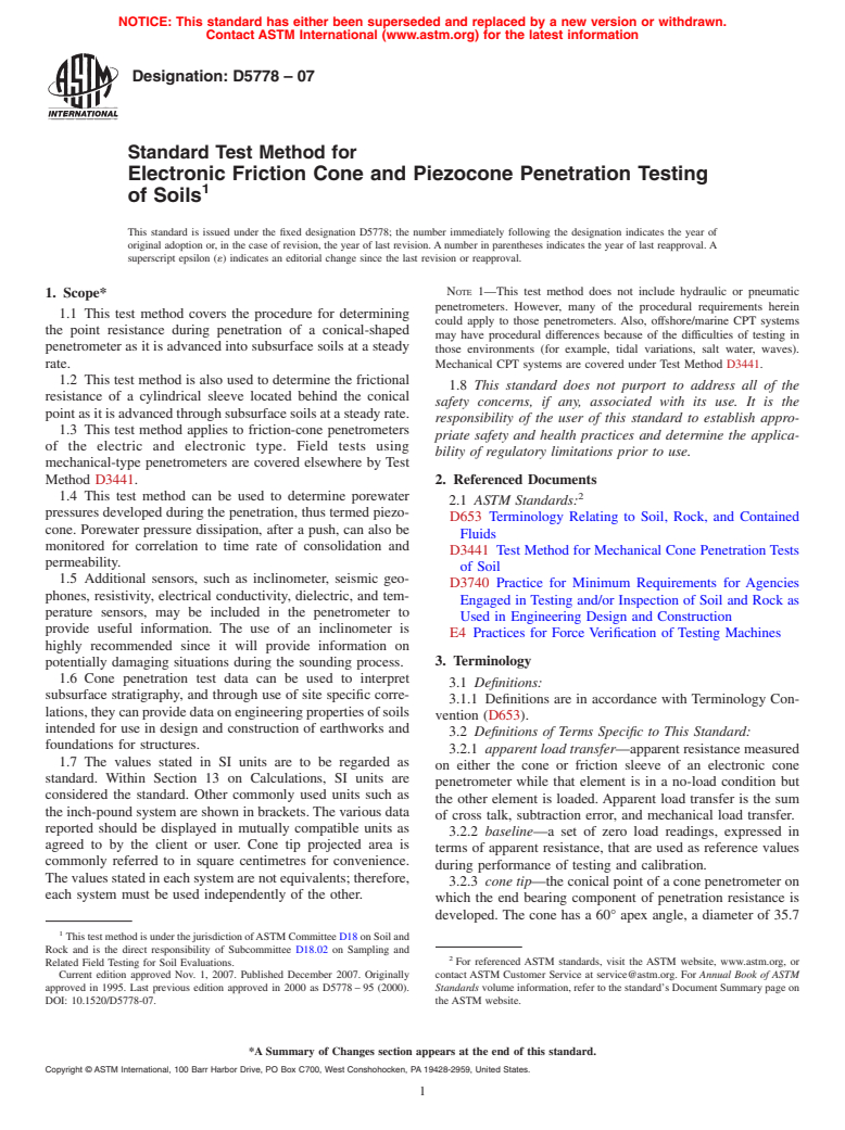 ASTM D5778-07 - Standard Test Method for  Electronic Friction Cone and Piezocone Penetration Testing of Soils