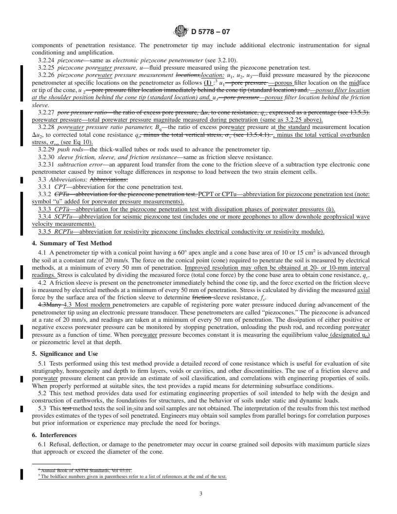 REDLINE ASTM D5778-07 - Standard Test Method for  Electronic Friction Cone and Piezocone Penetration Testing of Soils