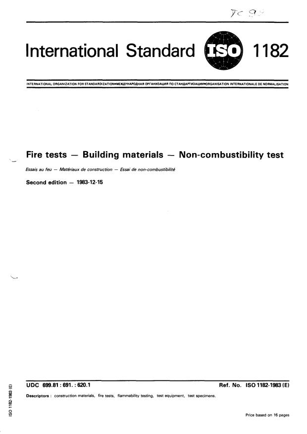 ISO 1182:1983 - Fire tests -- Building materials -- Non-combustibility test