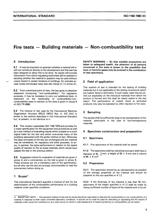 ISO 1182:1983 - Fire tests -- Building materials -- Non-combustibility test
