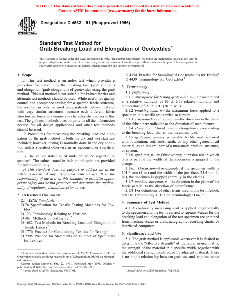 ASTM D4632-91(1996) - Standard Test Method for Grab Breaking Load and Elongation of Geotextiles