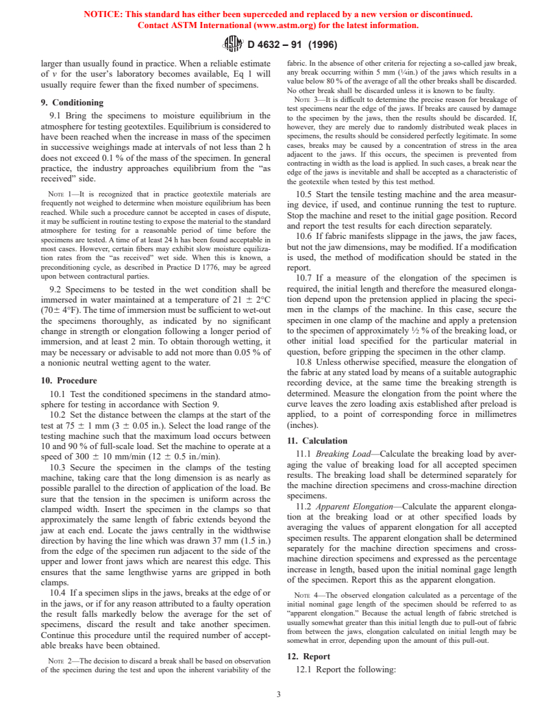 ASTM D4632-91(1996) - Standard Test Method for Grab Breaking Load and Elongation of Geotextiles