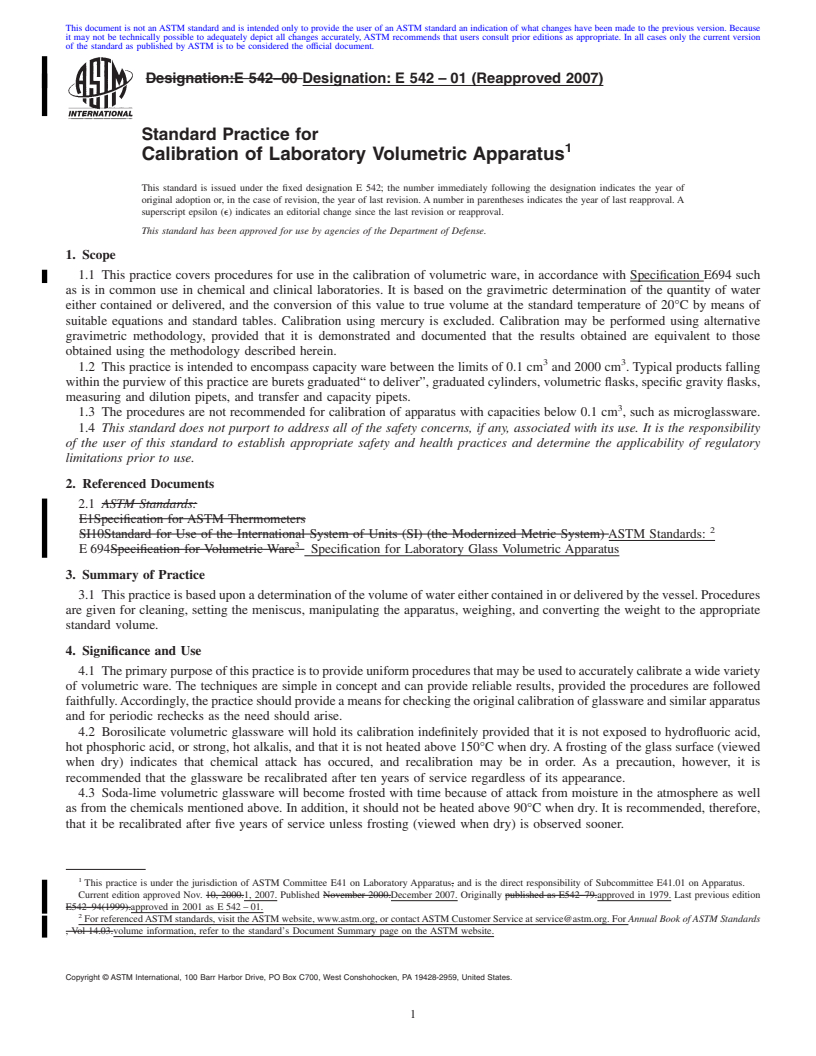 REDLINE ASTM E542-01(2007) - Standard Practice for Calibration of Laboratory Volumetric Apparatus
