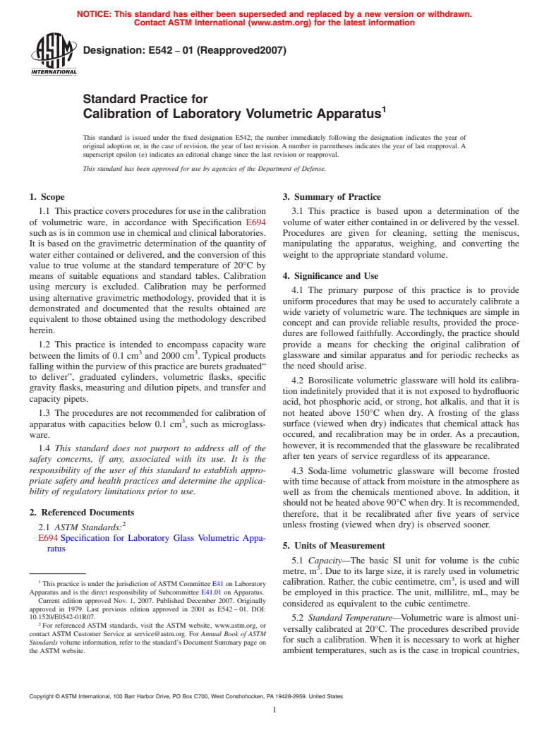 ASTM E542-01(2007) - Standard Practice for Calibration of Laboratory Volumetric Apparatus