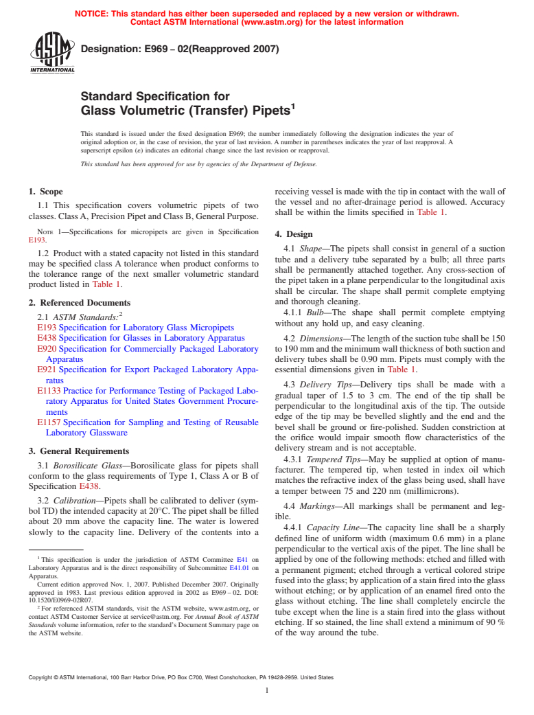 ASTM E969-02(2007) - Standard Specification for Glass Volumetric (Transfer) Pipets