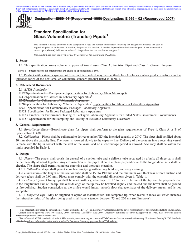 REDLINE ASTM E969-02(2007) - Standard Specification for Glass Volumetric (Transfer) Pipets