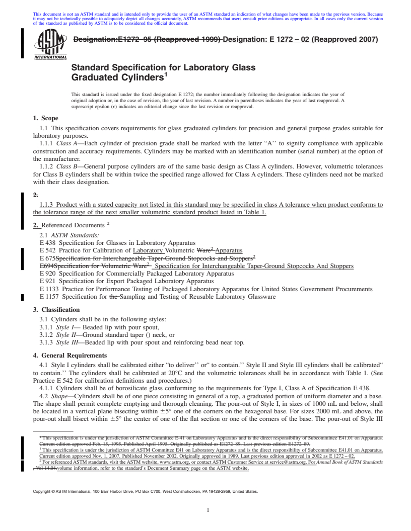 REDLINE ASTM E1272-02(2007) - Standard Specification for Laboratory Glass Graduated Cylinders