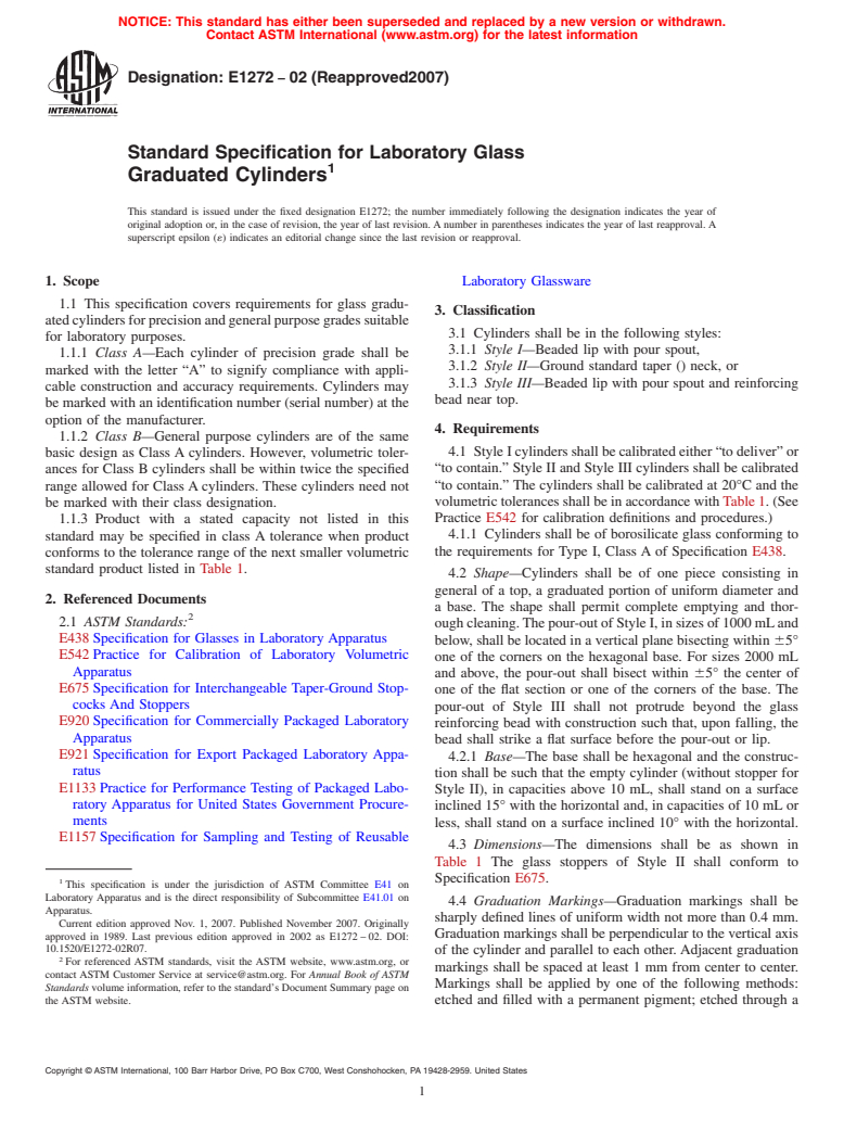 ASTM E1272-02(2007) - Standard Specification for Laboratory Glass Graduated Cylinders