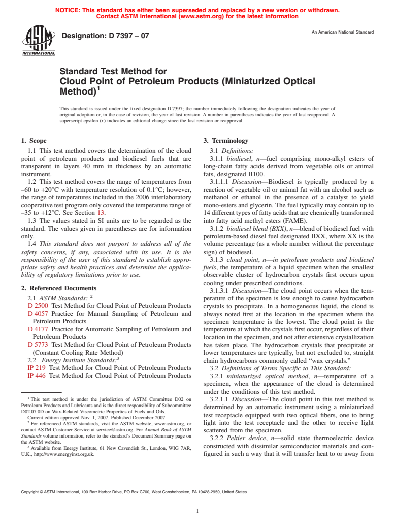 ASTM D7397-07 - Standard Test Method for Cloud Point of Petroleum Products (Miniaturized Optical Method)