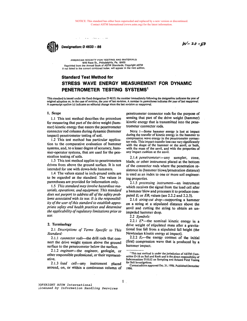 ASTM D4633-86 - Test Method For Stress Wave Energy Measurment For Dynamic Penetrometer Testing Systems (Withdrawn 1995)