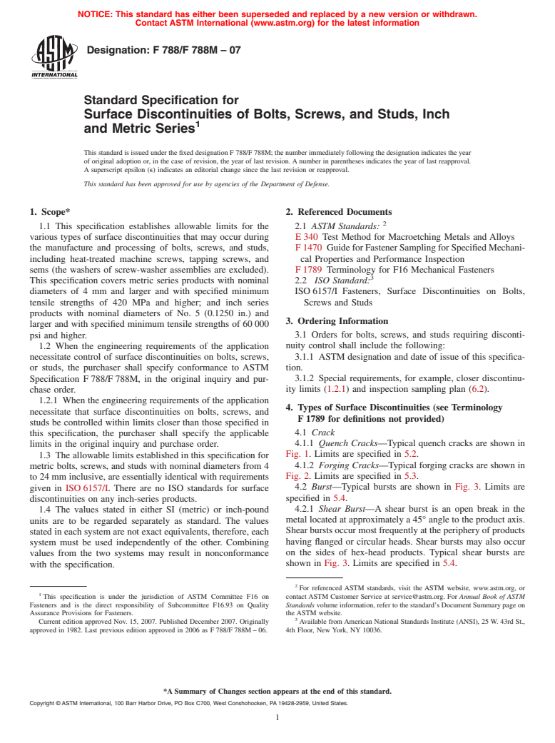 ASTM F788/F788M-07 - Standard Specification for Surface Discontinuities of Bolts, Screws, and Studs, Inch and Metric Series