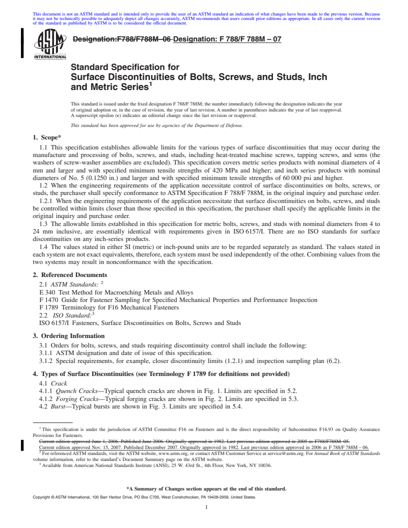 REDLINE ASTM F788/F788M-07 - Standard Specification for Surface Discontinuities of Bolts, Screws, and Studs, Inch and Metric Series