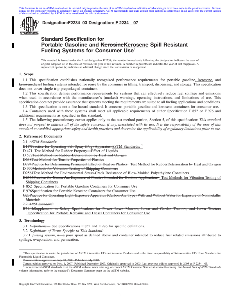 REDLINE ASTM F2234-07 - Standard Specification for Portable Gasoline and Kerosene Spill Resistant Fueling Systems for Consumer Use