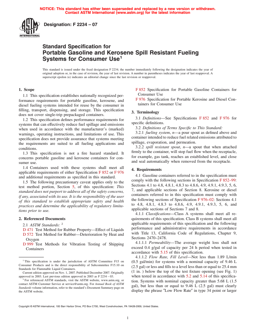 ASTM F2234-07 - Standard Specification for Portable Gasoline and Kerosene Spill Resistant Fueling Systems for Consumer Use