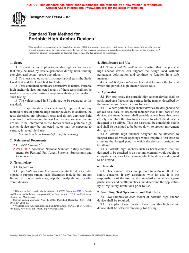 ASTM F2684-07 - Standard Test Method for Portable High Anchor Devices