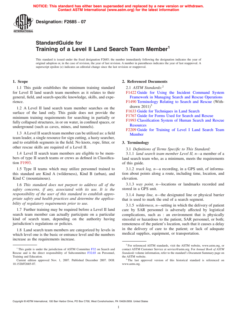 ASTM F2685-07 - Standard Guide for Training of a Level II Land Search Team Member