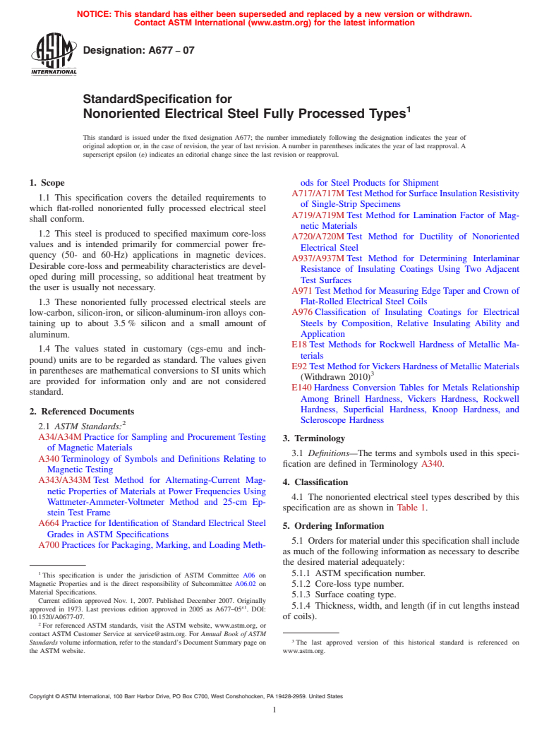 ASTM A677-07 - Standard Specification for Nonoriented Electrical Steel Fully Processed Types