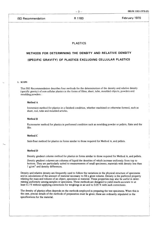 ISO/R 1183:1970 - Plastics -- Methods for determining the density and relative density (specific gravity) of plastics excluding cellular plastics