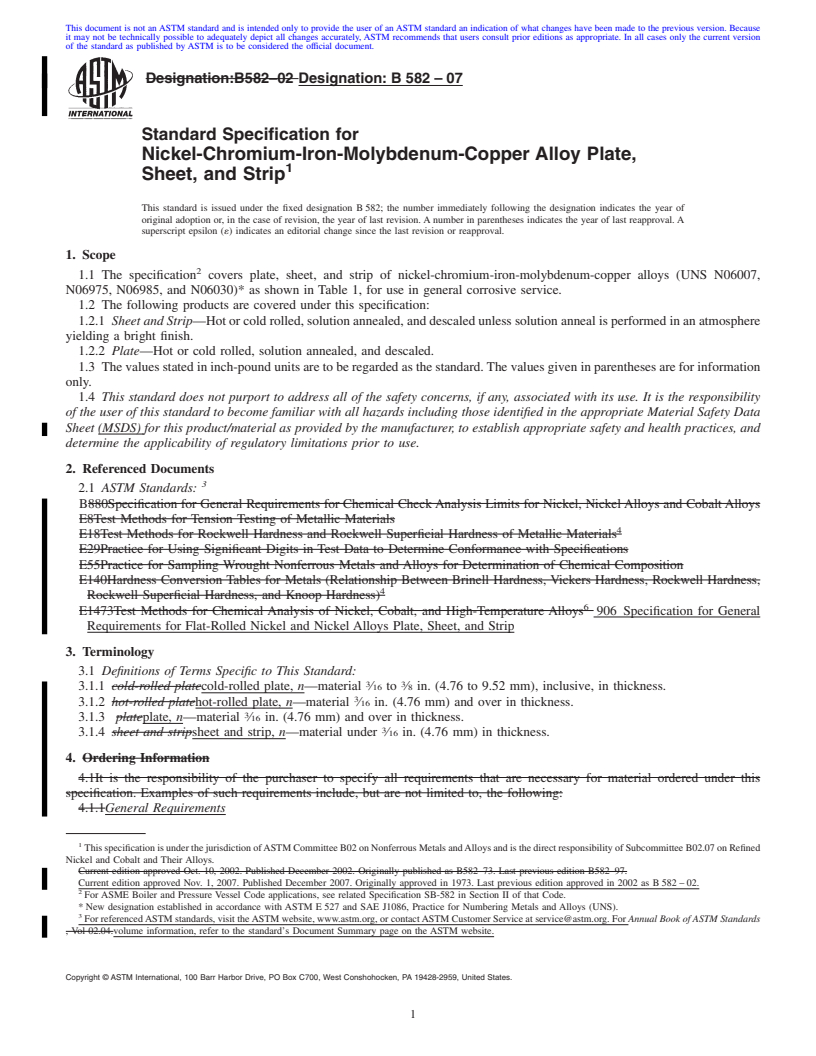 REDLINE ASTM B582-07 - Standard Specification for Nickel-Chromium-Iron-Molybdenum-Copper Alloy Plate, Sheet, and Strip