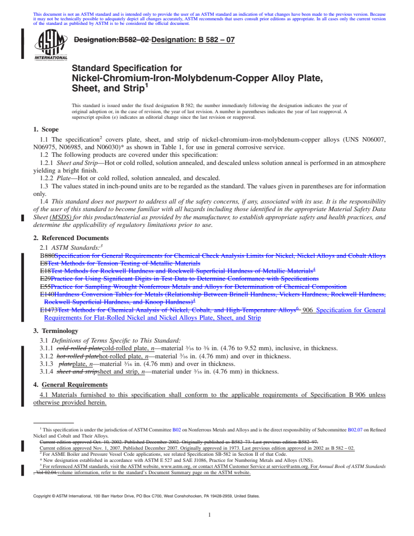 REDLINE ASTM B582-07 - Standard Specification for Nickel-Chromium-Iron-Molybdenum-Copper Alloy Plate, Sheet, and Strip