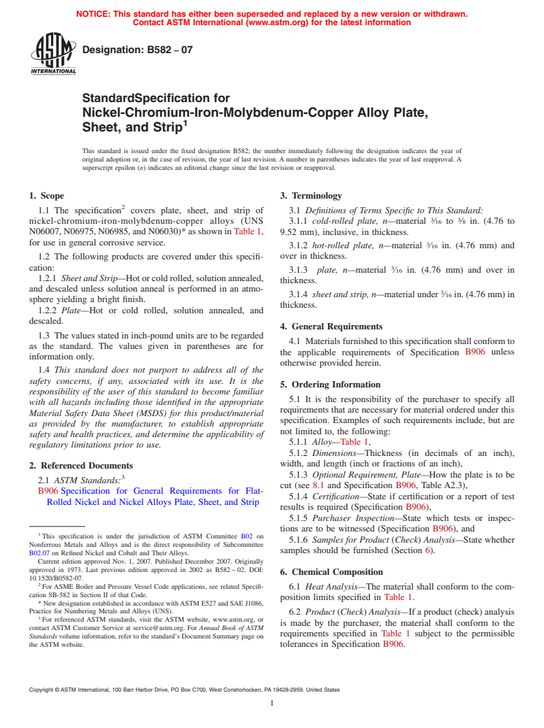 ASTM B582-07 - Standard Specification for Nickel-Chromium-Iron-Molybdenum-Copper Alloy Plate, Sheet, and Strip