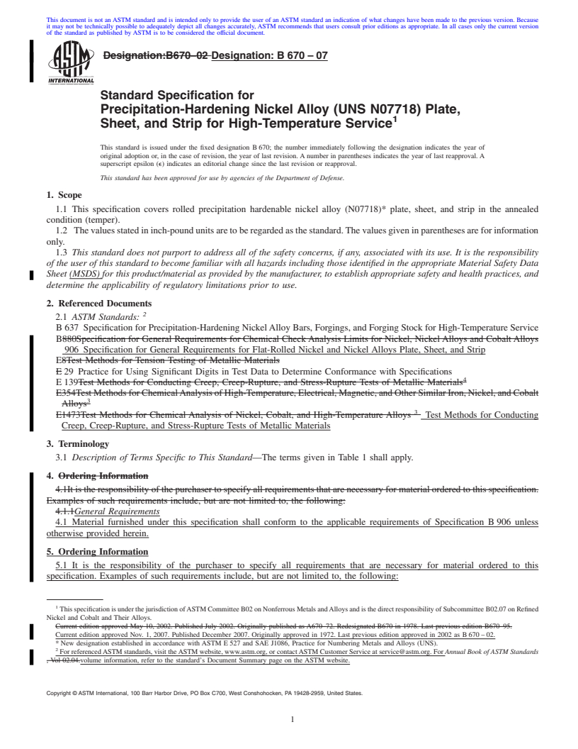 REDLINE ASTM B670-07 - Standard Specification for Precipitation-Hardening Nickel Alloy (UNS N07718) Plate, Sheet, and Strip for High-Temperature Service