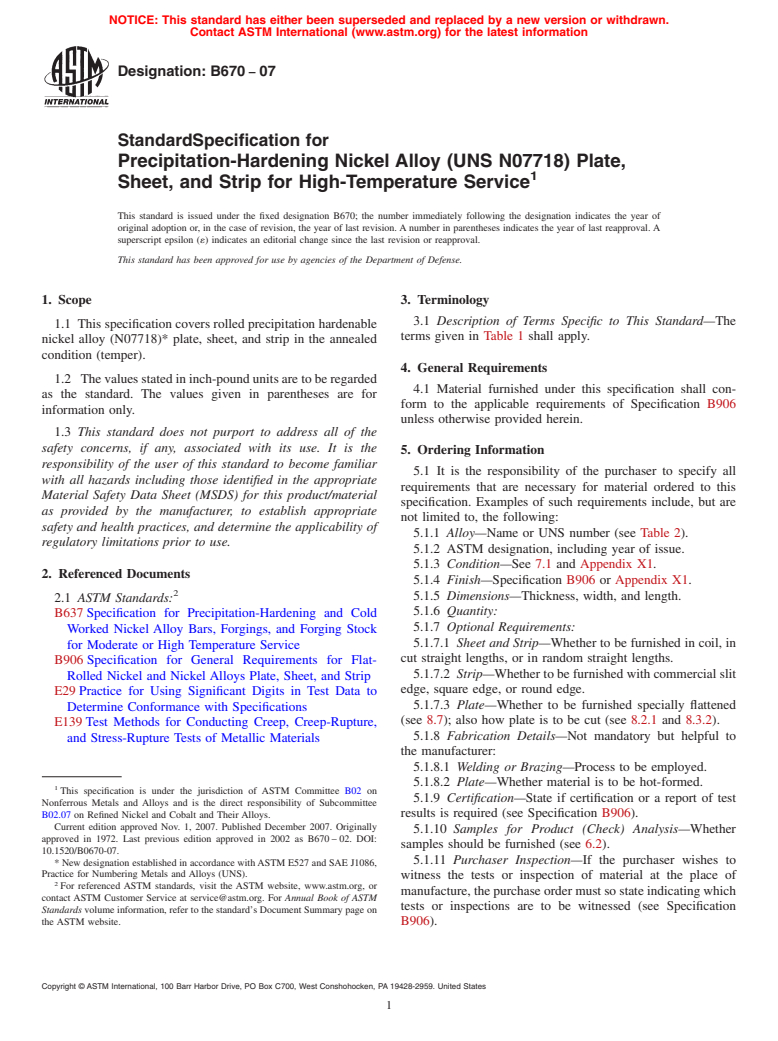 ASTM B670-07 - Standard Specification for Precipitation-Hardening Nickel Alloy (UNS N07718) Plate, Sheet, and Strip for High-Temperature Service