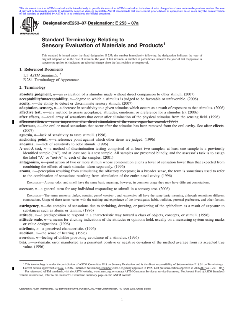 REDLINE ASTM E253-07a - Standard Terminology Relating to Sensory Evaluation of Materials and Products
