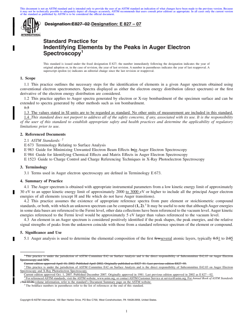 REDLINE ASTM E827-07 - Standard Practice for Identifying Elements by the Peaks in Auger Electron Spectroscopy