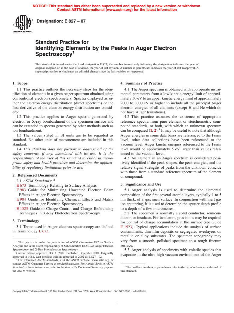 ASTM E827-07 - Standard Practice for Identifying Elements by the Peaks in Auger Electron Spectroscopy