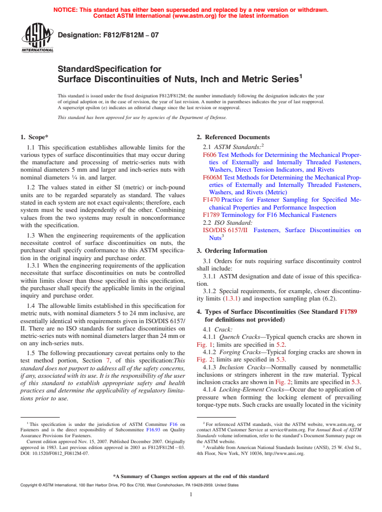 ASTM F812/F812M-07 - Standard Specification for Surface Discontinuities of Nuts, Inch and Metric Series