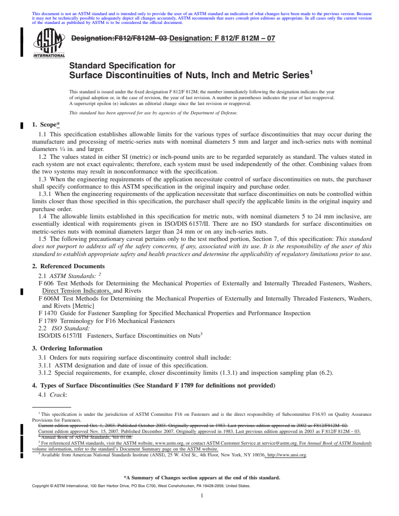 REDLINE ASTM F812/F812M-07 - Standard Specification for Surface Discontinuities of Nuts, Inch and Metric Series