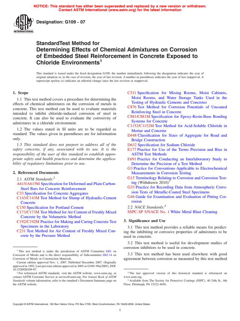 ASTM G109-07 - Standard Test Method for Determining Effects of Chemical Admixtures on Corrosion of Embedded Steel Reinforcement in Concrete Exposed to Chloride Environments