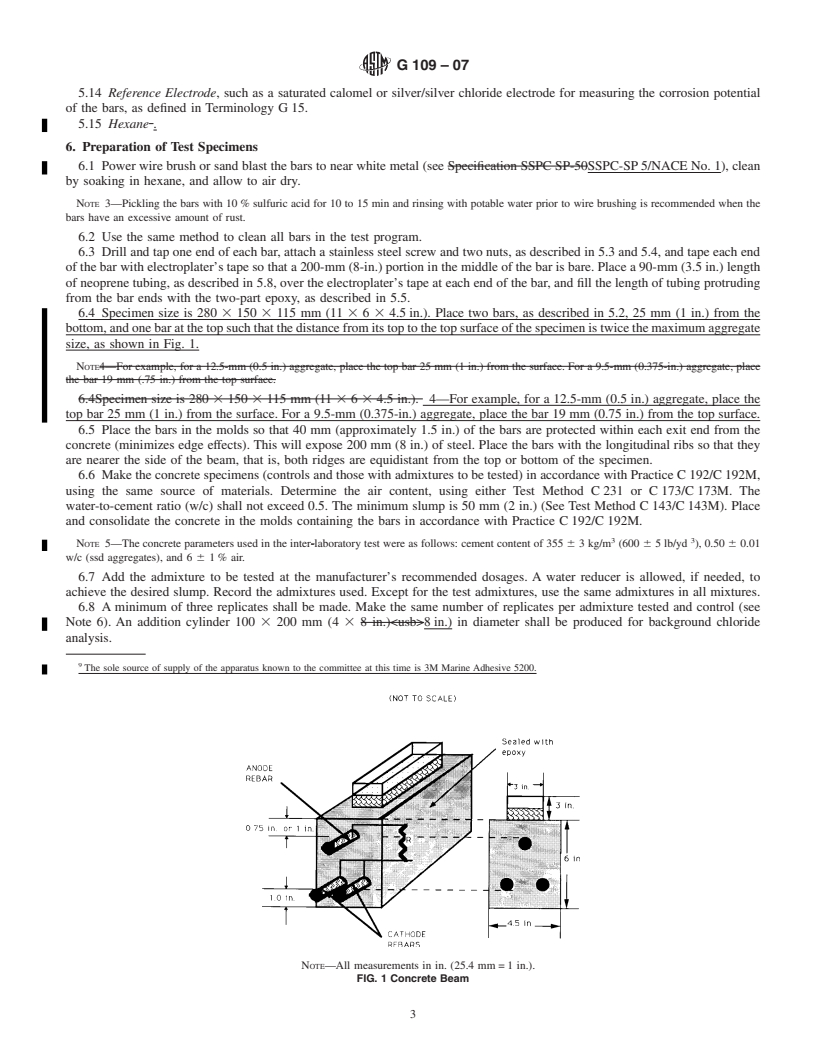 REDLINE ASTM G109-07 - Standard Test Method for Determining Effects of Chemical Admixtures on Corrosion of Embedded Steel Reinforcement in Concrete Exposed to Chloride Environments