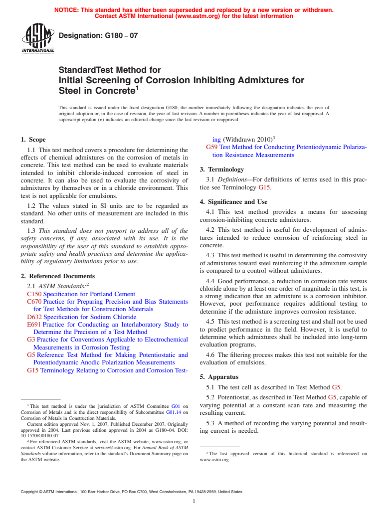 ASTM G180-07 - Standard Test Method for Initial Screening of Corrosion Inhibiting Admixtures for Steel in Concrete