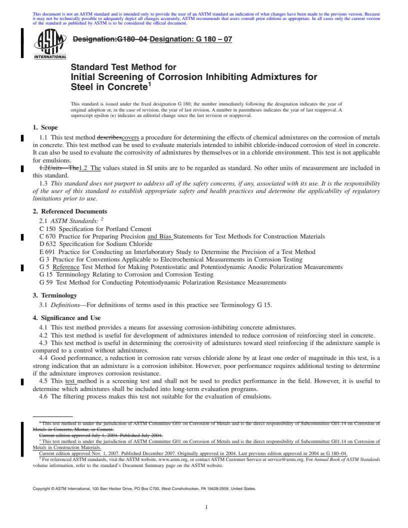 REDLINE ASTM G180-07 - Standard Test Method for Initial Screening of Corrosion Inhibiting Admixtures for Steel in Concrete