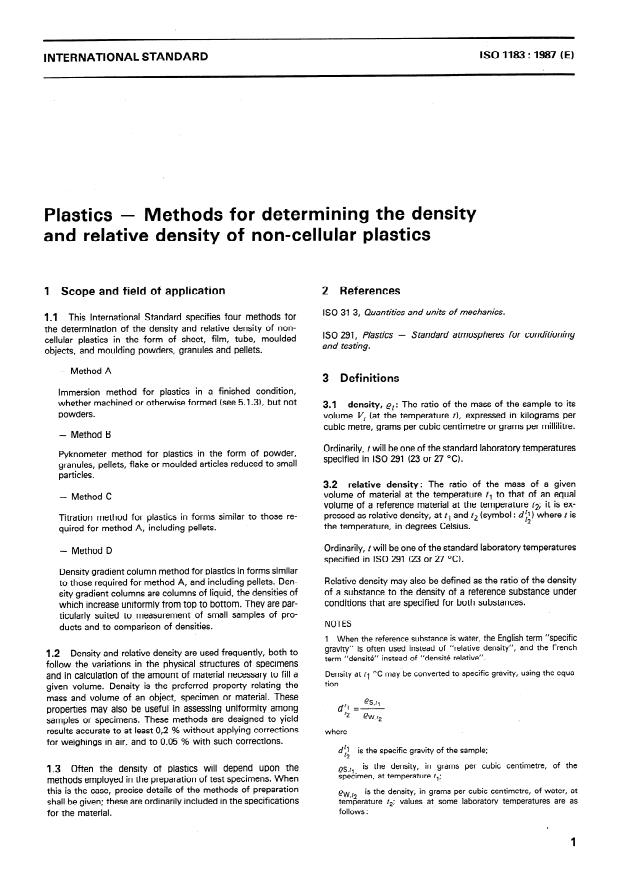 ISO 1183:1987 - Plastics -- Methods for determining the density and relative density of non-cellular plastics