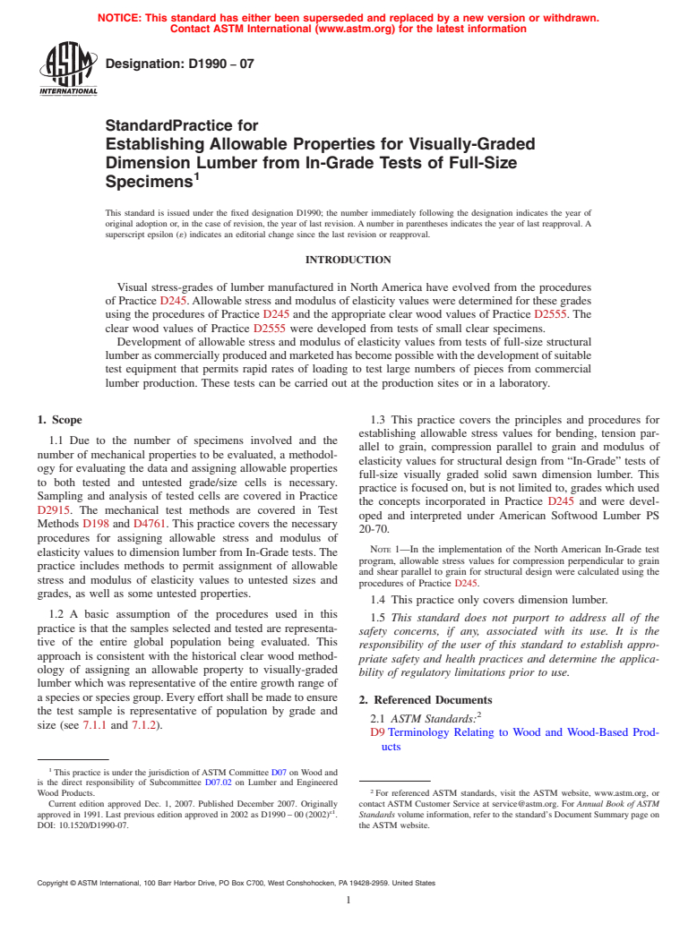 ASTM D1990-07 - Standard Practice for Establishing Allowable Properties for Visually-Graded Dimension Lumber from In-Grade Tests of Full-Size Specimens