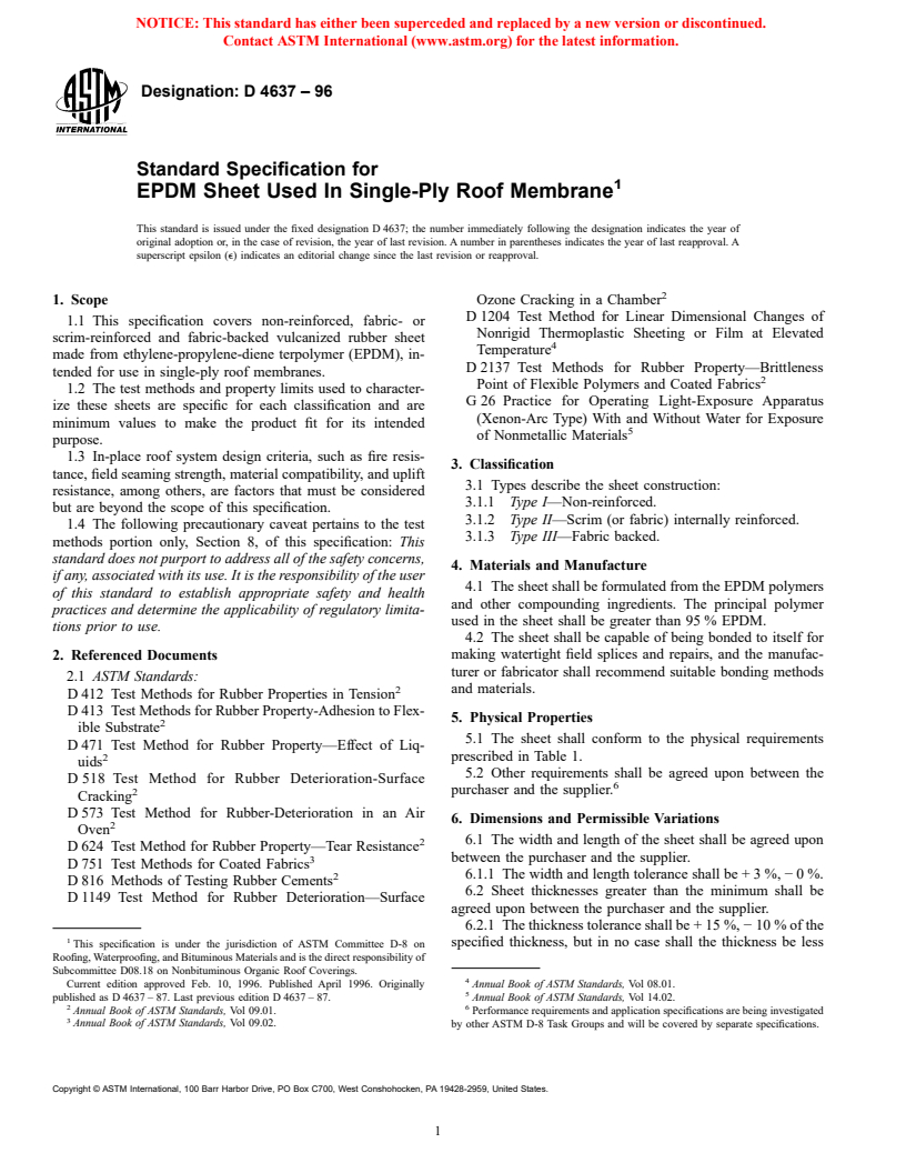 ASTM D4637-96 - Standard Specification for EPDM Sheet Used In Single-Ply Roof Membrane