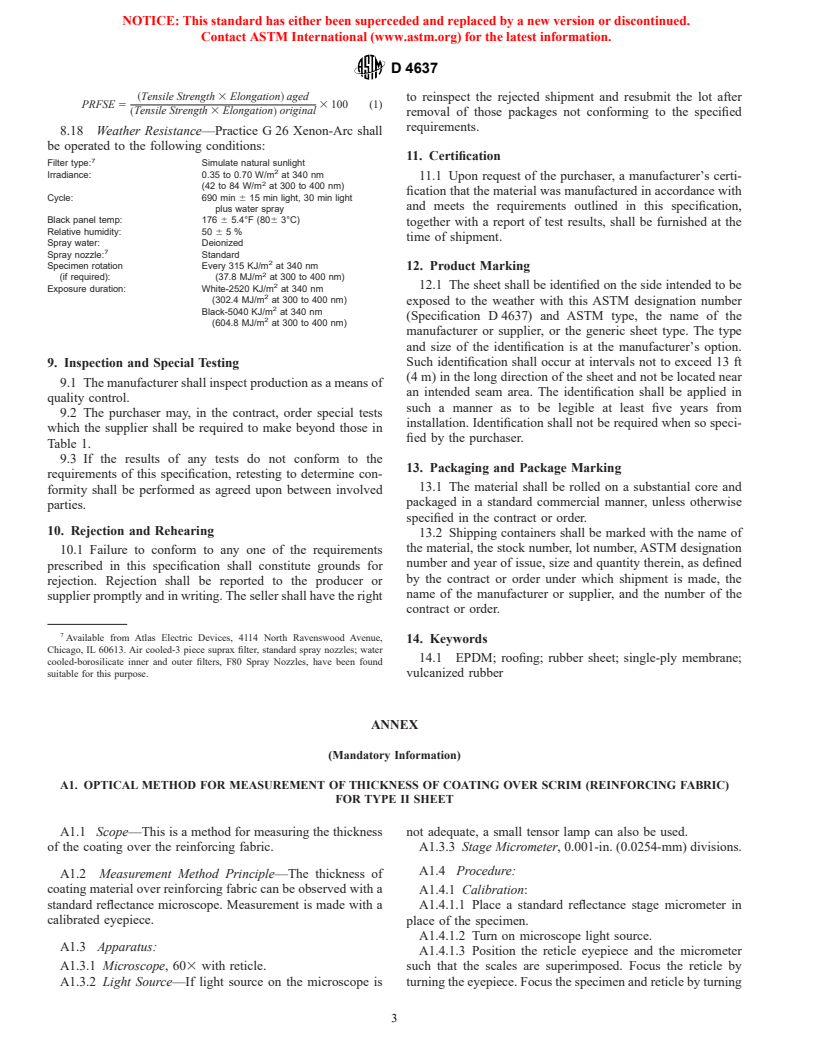 ASTM D4637-96 - Standard Specification for EPDM Sheet Used In Single-Ply Roof Membrane