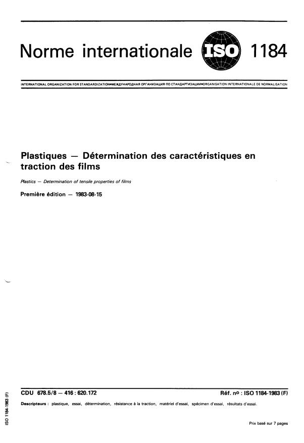 ISO 1184:1983 - Plastiques -- Détermination des caractéristiques en traction des films