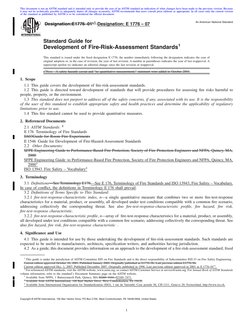 REDLINE ASTM E1776-07 - Standard Guide for Development of Fire-Risk-Assessment Standards