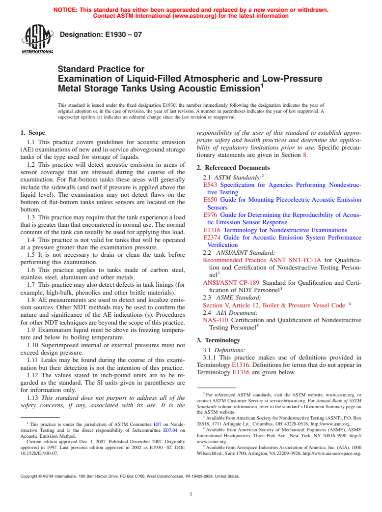 ASTM E1930-07 - Standard Practice for Examination of Liquid-Filled Atmospheric and Low-Pressure Metal Storage Tanks Using Acoustic Emission