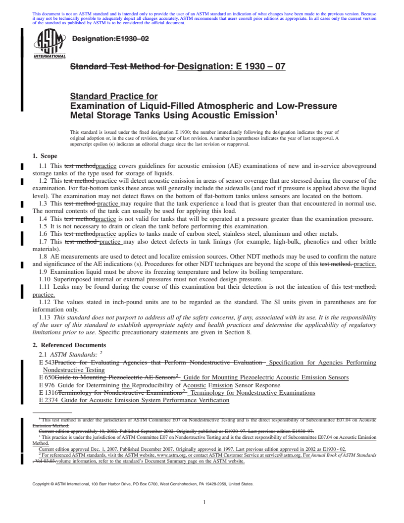 REDLINE ASTM E1930-07 - Standard Practice for Examination of Liquid-Filled Atmospheric and Low-Pressure Metal Storage Tanks Using Acoustic Emission